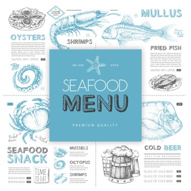Elle çizilmiş balıklı deniz ürünleri restoranı menüsü tasarımı. Vektör illüstrasyonu