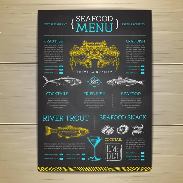 Tiza Dibujo Mariscos Restaurante Menú Diseño Con Pescado Dibujo Mano — Vector de stock