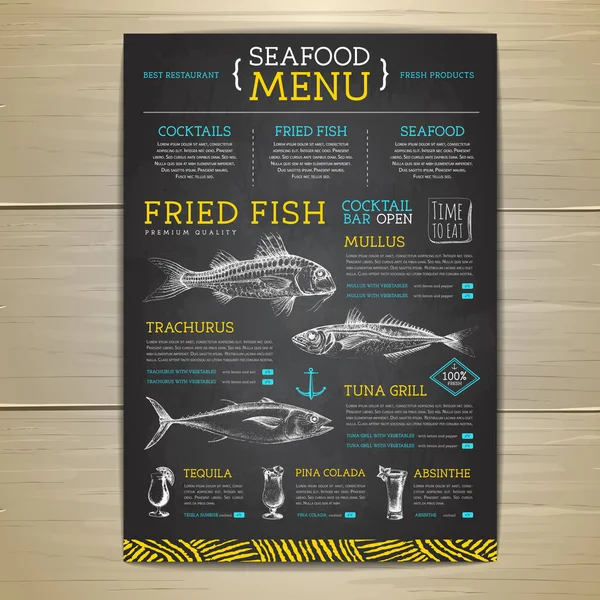 Krijttekening Zeevruchten Restaurant Menu Ontwerp Met Hand Tekenen Vis Vectorillustratie — Stockvector