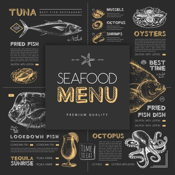 Tebeşir, deniz ürünleri restoranının menüsünü el çizimi balıkla çiziyor. Vektör illüstrasyonu