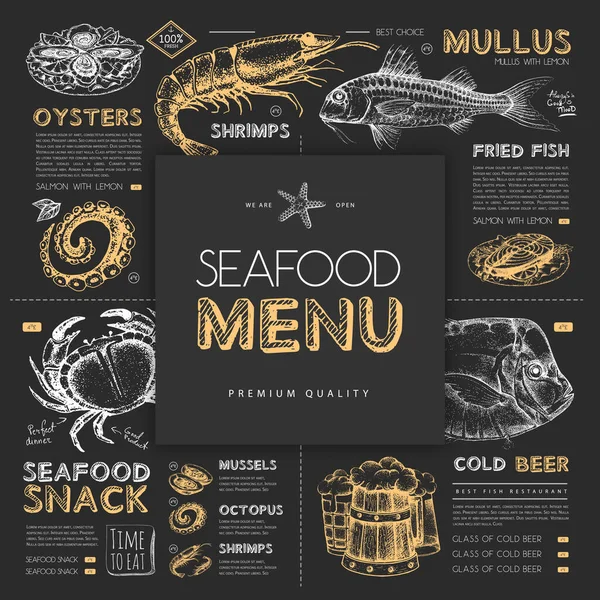 Chalk Drawing Seafood Restaurant Menu Design Hand Drawing Fish Vector — Vector de stock