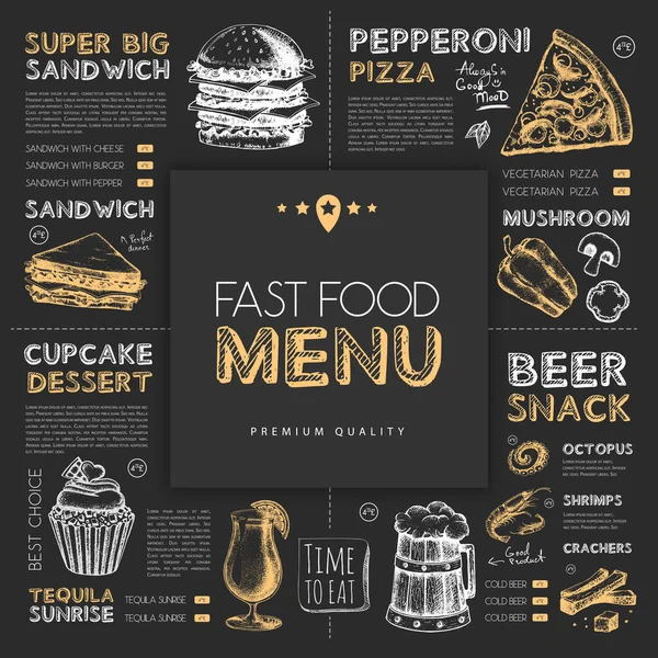 粉笔画快餐馆菜单设计与手绘三明治和披萨 矢量说明 — 图库矢量图片