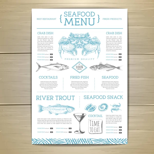 Seafood Restaurant Menu Design Hand Drawing Fish Vector Illustration — Stockvektor