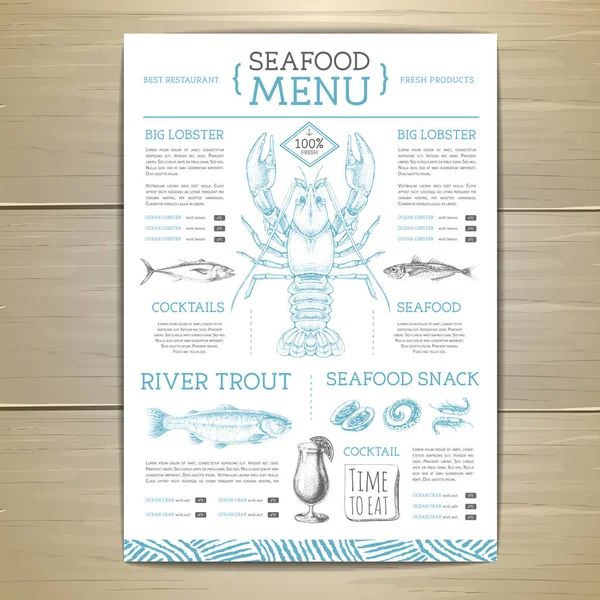 Seafood Restaurant Menu Design Hand Drawing Fish Vector Illustration — Stock Vector