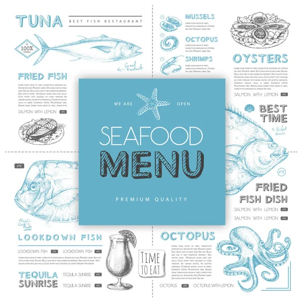 Seafood Restaurant Menu Design Hand Drawing Fish Vector Illustration —  Vetores de Stock