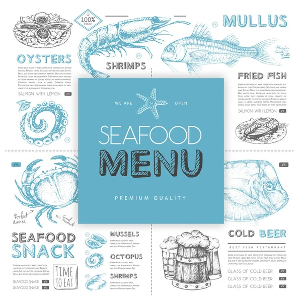 Elle çizilmiş balıklı deniz ürünleri restoranı menüsü tasarımı. Vektör illüstrasyonu