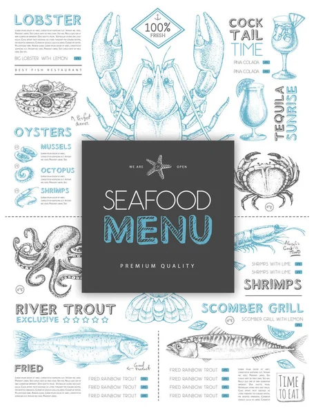 Elle çizilmiş balıklı deniz ürünleri restoranı menüsü tasarımı. Vektör illüstrasyonu