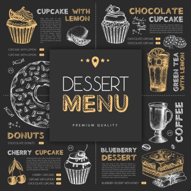Tebeşir, tatlı restoranının menüsünü elle çizerek çiziyor. Vektör illüstrasyonu