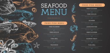 Tebeşir, farklı balık türleriyle birlikte deniz ürünleri menüsü tasarımı. Vektör illüstrasyonu
