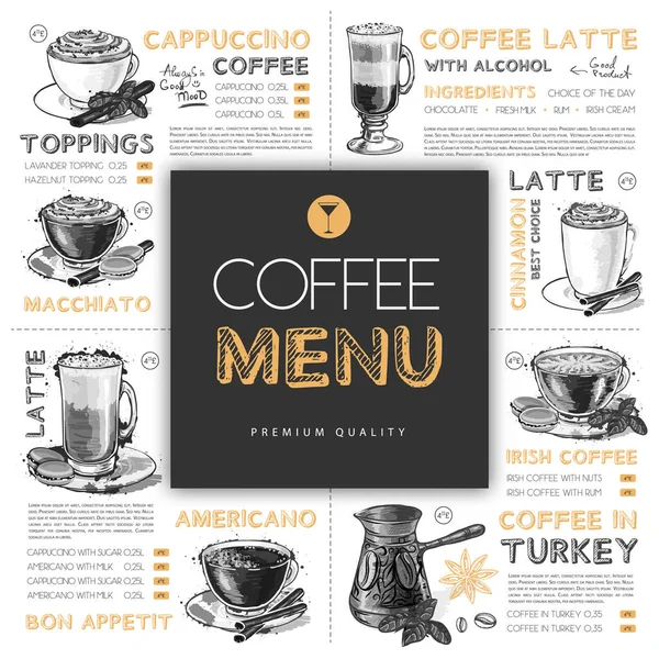 Restaurant Kaffee Menü Design Mit Handgezeichneten Kaffee Elementen Vektorillustration — Stockvektor
