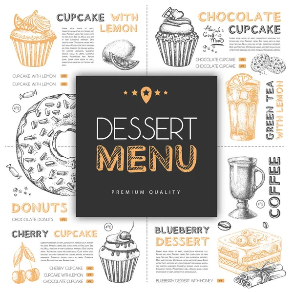 Diseño Menú Restaurante Postres Con Cupcakes Dibujo Mano Ilustración Vectorial — Vector de stock