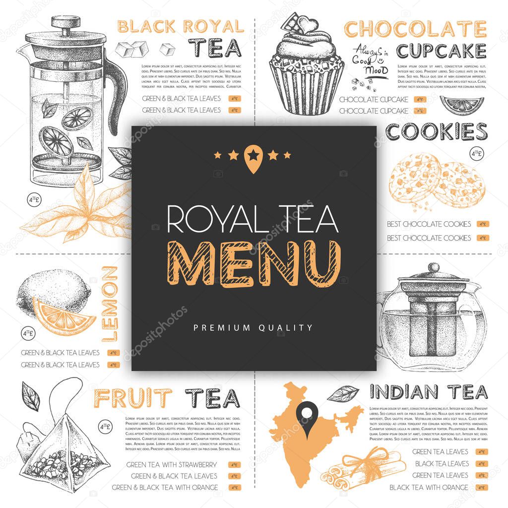 Restaurant royal tea menu design with hand drawing tea elements. Vector illustration