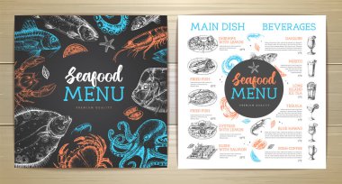 Tebeşir, deniz ürünleri restoranının menüsünü el çizimi balıkla çiziyor. Vektör illüstrasyonu