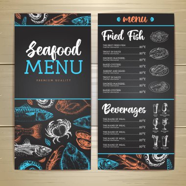 Chalk drawing seafood restaurant menu design with hand drawing fish. Vector illustration