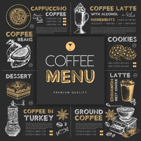 Krita Restaurang Kaffe Meny Design Med Handritning Kaffeelement Vektorillustration — Stock vektor