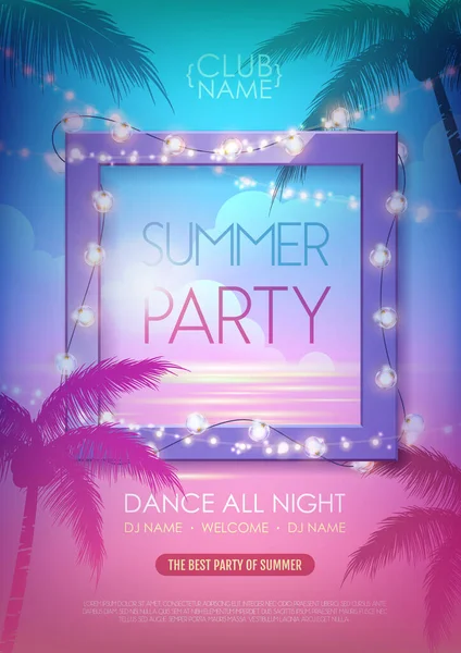 Summer Disco Party Poster Tropic Leaves String Lights Summer Background — Stock Vector