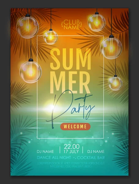 Cartel Fiesta Disco Verano Con Hojas Tropicales Cadena Luces Fondo — Vector de stock