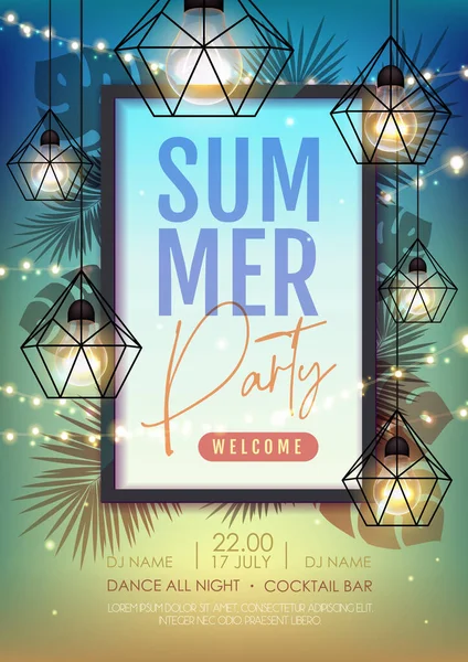 Summer Disco Party Poster Tropic Leaves String Lights Summer Background — Stock Vector