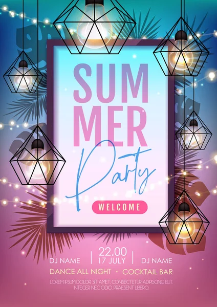 Summer Disco Party Αφίσα Τροπικά Φύλλα Και Σειρά Από Φώτα — Διανυσματικό Αρχείο