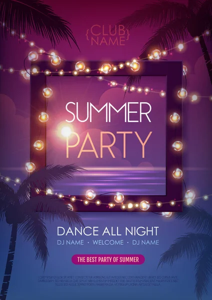 Summer Disco Party Αφίσα Τροπικά Φύλλα Και Σειρά Από Φώτα — Διανυσματικό Αρχείο