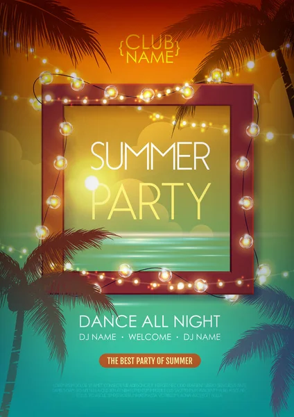 Summer Disco Party Poster Tropic Leaves String Lights Summer Background — Stock Vector