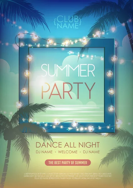 Sommerdisco Party Poster Mit Tropischen Blättern Und Lichterkette Sommer Hintergrund — Stockvektor