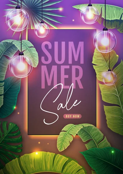 Cartel Gran Venta Verano Con Hojas Tropicales Cadena Luces Fondo — Archivo Imágenes Vectoriales