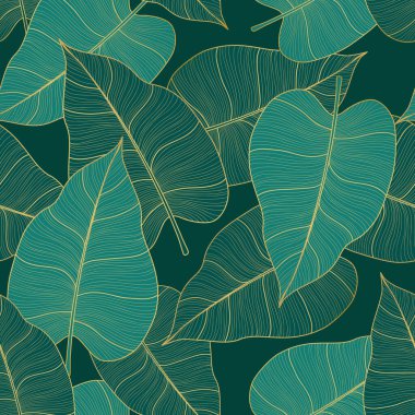 Altın ve yeşil tropik yapraklı lüks, pürüzsüz desen. Vektör çizimi. Yaz arkaplanı