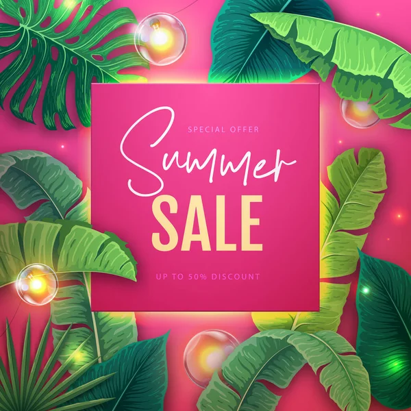 Summer Big Sale Poster Tropic Leaves String Lights Summer Tropic — Stock Vector