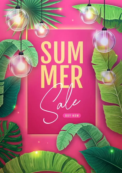 Großes Sommerposter Mit Tropischen Blättern Und Lichterkette Sommertropische Blätter Hintergrund — Stockvektor