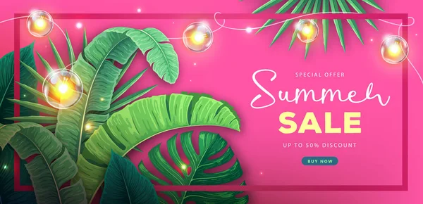 Großes Sommerposter Mit Tropischen Blättern Und Lichterkette Sommertropische Blätter Hintergrund — Stockvektor
