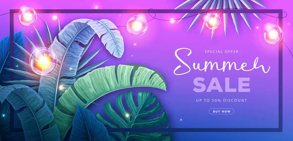 Summer Big Sale Poster Tropic Leaves String Lights Summer Tropic — Stock Vector