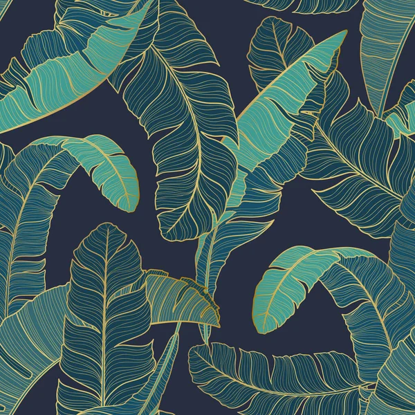 Luxury Seamless Pattern Gold Green Tropic Leaves Vector Illustration Summer — Stock Vector