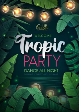 Tropik yapraklı ve ışık dizili bir disko partisi posteri. Yaz dönemi. Vektör illüstrasyonu