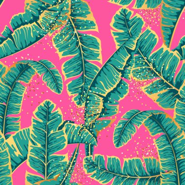 Pembe arka planda altın ve yeşil tropik yapraklı lüks, pürüzsüz desen. Vektör çizimi. Yaz arkaplanı