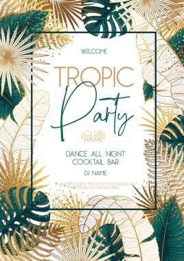 Pembe arka planda altın ve yeşil tropik yapraklı lüks, pürüzsüz desen. Vektör çizimi. Yaz arkaplanı