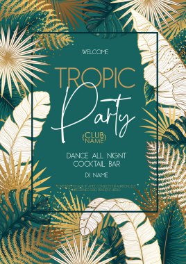 Pembe arka planda altın ve yeşil tropik yapraklı lüks, pürüzsüz desen. Vektör çizimi. Yaz arkaplanı