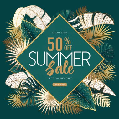 Tropik altın ve yeşil yapraklı büyük indirim posteri. Yaz tropik yaprakları. Vektör illüstrasyonu