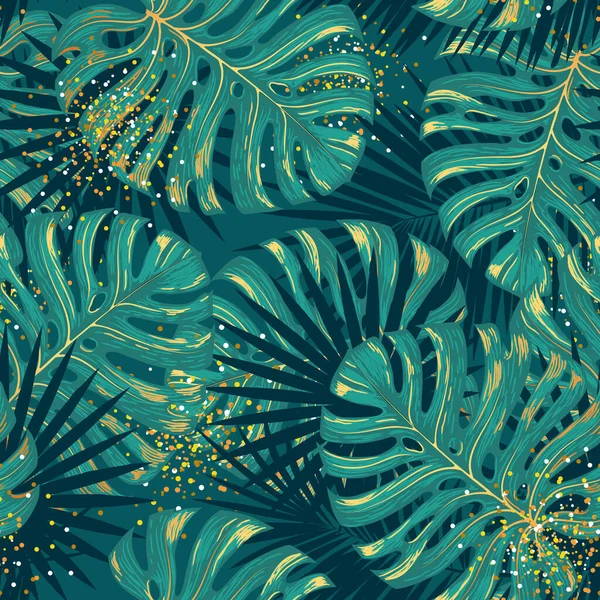 Luxe Naadloos Patroon Met Goud Groen Tropisch Blad Vector Illustratie — Stockvector