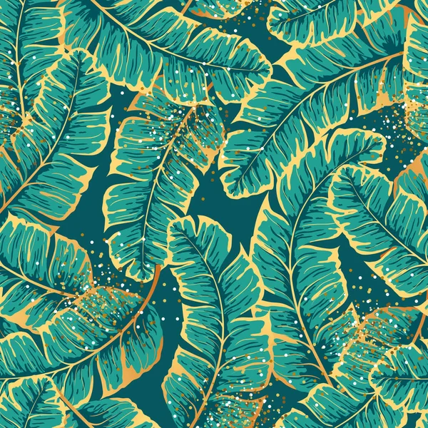 Роскошный Бесшовный Узор Золотыми Зелеными Тропическими Листьями Векторная Иллюстрация Летний — стоковый вектор