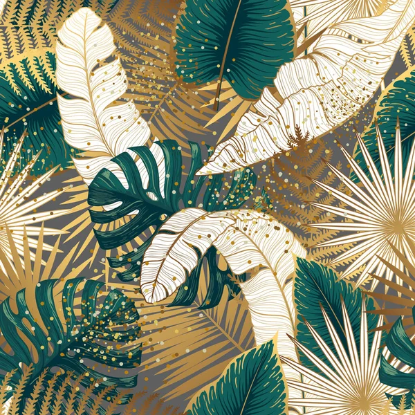 Розкішний Безшовний Візерунок Золотим Зеленим Тропічним Листям Векторні Ілюстрації Літній — стоковий вектор