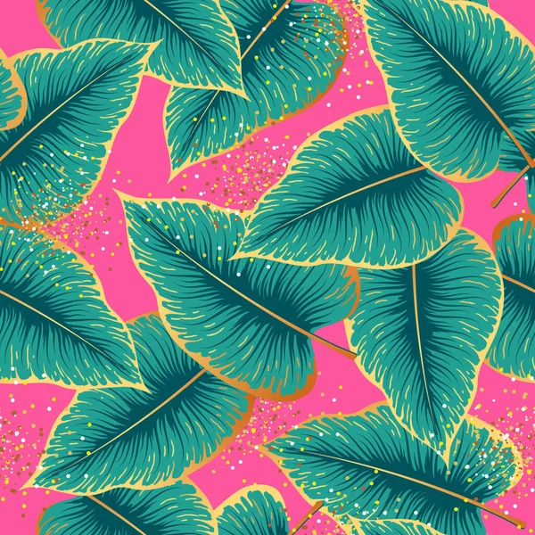Luxury Seamless Pattern Gold Green Tropic Leaves Pink Background Vector — Stock Vector