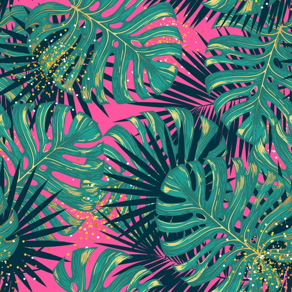 Pembe arka planda altın ve yeşil tropik yapraklı lüks, pürüzsüz desen. Vektör çizimi. Yaz arkaplanı