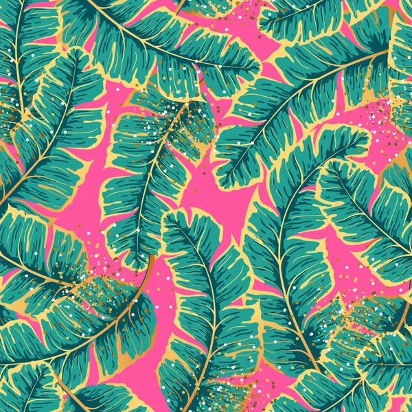 Luxury Seamless Pattern Gold Green Tropic Leaves Pink Background Vector — Stock Vector