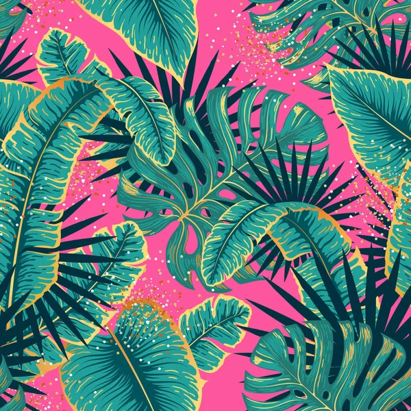 Luxe Naadloos Patroon Met Goud Groen Tropisch Blad Roze Achtergrond — Stockvector