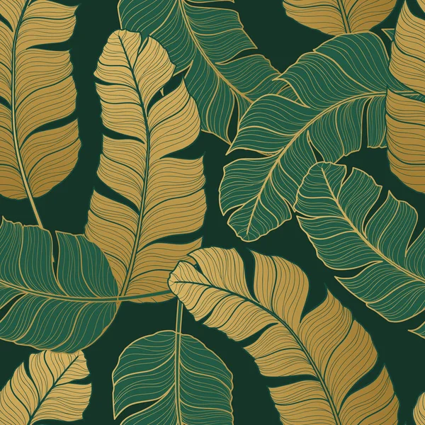 Padrão Sem Costura Luxo Com Ouro Folhas Tropicais Verdes Ilustração — Vetor de Stock