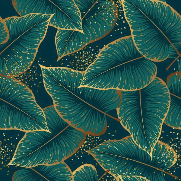 Luxury Seamless Pattern Gold Green Tropic Leaves Vector Illustration Summer — Stock Vector