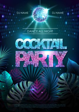 Summer disco cocktail party typography poster with fluorescent tropic leaves. Nature concept. Summer background. Vector illustration