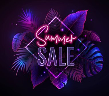 Summer big sale typography poster with fluorescent tropic leaves. Nature concept. Summer background. Vector illustration
