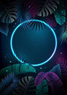 Neon çerçeveli ve floresan tropik yapraklı yaz arkaplanı. Doğa konsepti. Vektör illüstrasyonu